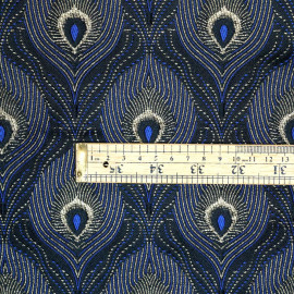Tissu jacquard queue de paon bleu noir et lurex or - pretty mercerie - mercerie en ligne