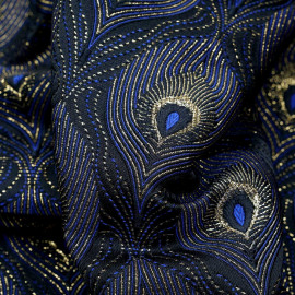 Tissu jacquard queue de paon bleu noir et lurex or - pretty mercerie - mercerie en ligne