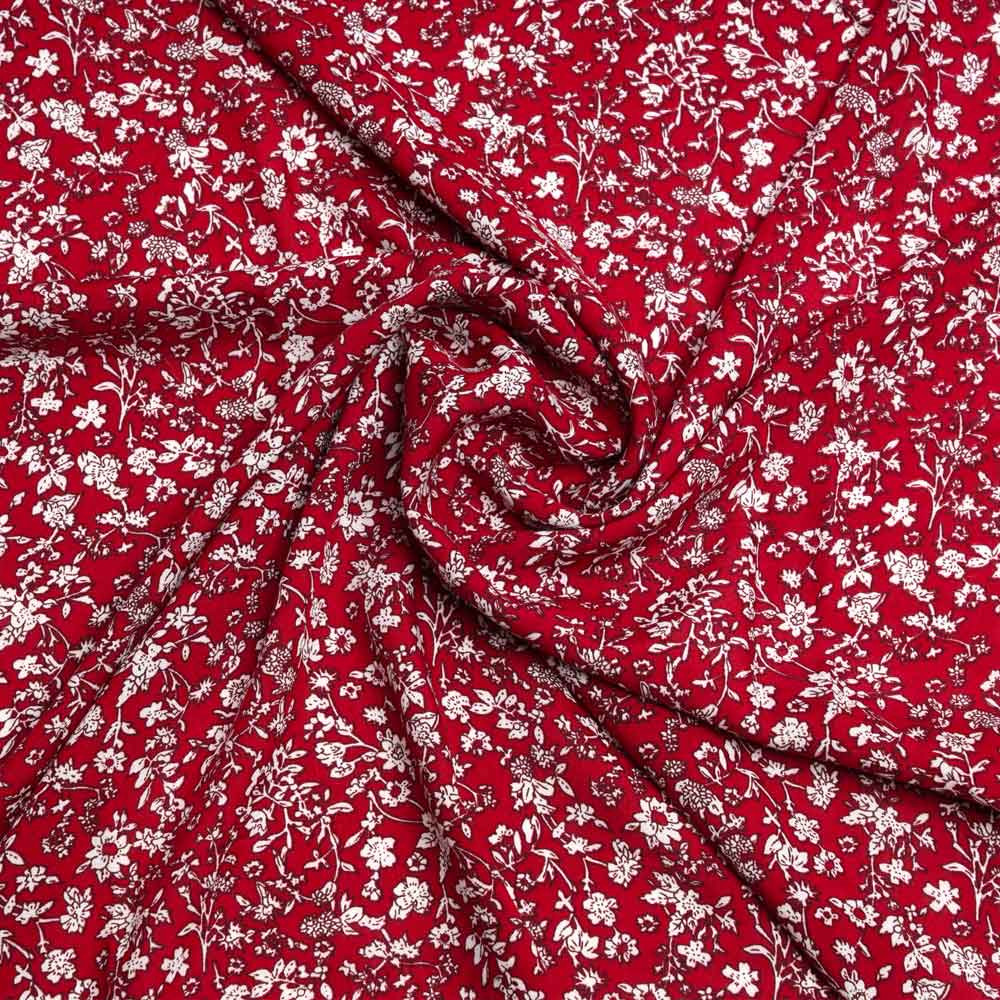Tissu viscose lipstick red à motif fleurs des champs blanches | Pretty Mercerie | Mercerie en ligne