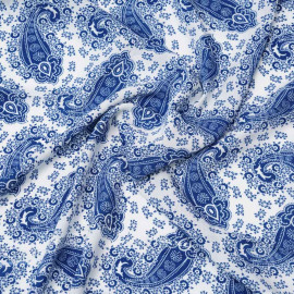 Tissu viscose blanc cassé à motif paisley bohème bleu | Pretty Mercerie | Mercerie en ligne
