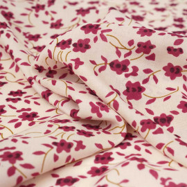 Tissu viscose écru à motif floral framboise et moutarde | Pretty Mercerie | Mercerie en ligne