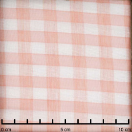 tissu double gaze de coton blanc à motif tissé vichy rose corail | pretty mercerie | mercerie en ligne