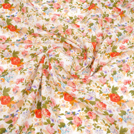 Tissu voile de coton blanc à motif bouquet de rose corail et orange | pretty mercerie | mercerie en ligne