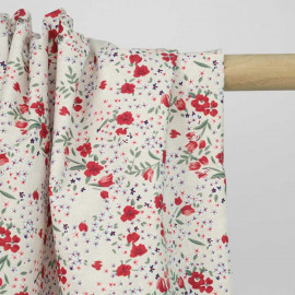 Tissu coton écru à motif tulipes et petites fleurs rouge et vert | pretty mercerie | mercerie en ligne