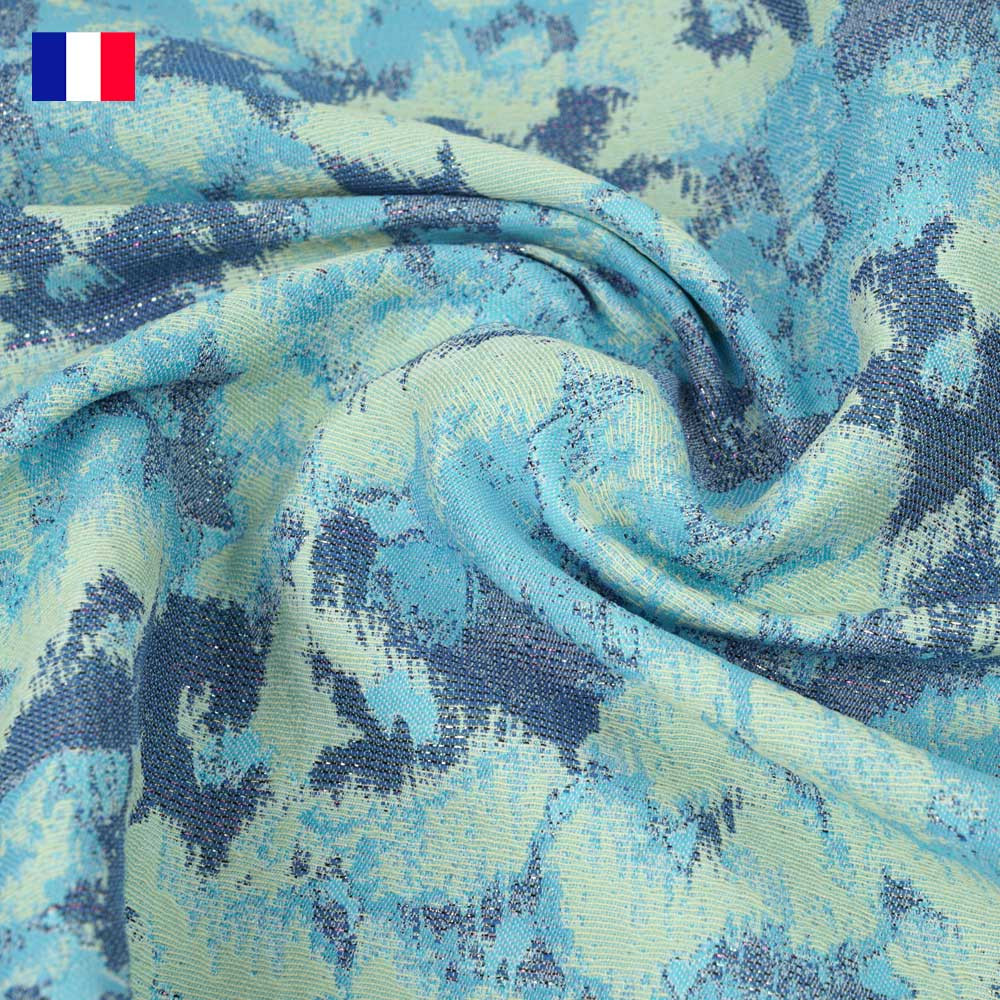 Tissu jacquard vert ambrosia et bleu ciel à motif abstrait et fil lurex multicolore | Pretty mercerie \ mercerie en ligne