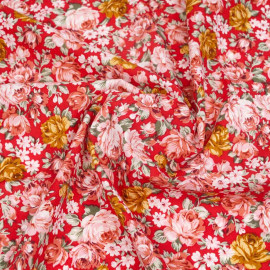 Tissu coton rouge à motif champ de pivoine rose, vert et beige | pretty mercerie | mercerie en ligne