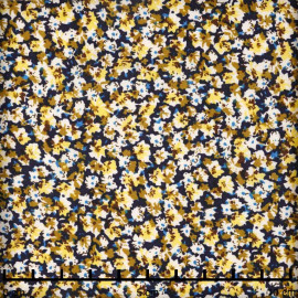 Tissu viscose bleu marine à motif bloom honey et jaune | pretty mercerie | mercerie en ligne