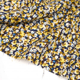 Tissu viscose bleu marine à motif bloom honey et jaune | pretty mercerie | mercerie en ligne