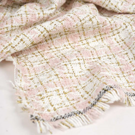 Tissu tweed blanc cassé à motif carreaux rose pastel et fil lurex or | pretty mercerie | mercerie en ligne