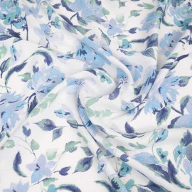 Tissu viscose blanc cassé à motif aquarelle fleur de rose bleu et vert