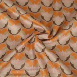 Tissu coton vintage beige à motif imprimé kaki, orange et rose