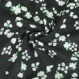 Tissu Tencel Pénelope gris foncé à motif florette blanche et verte