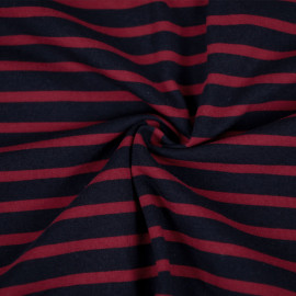 Tissu jersey de coton bleu foncé à motif rayé rouge