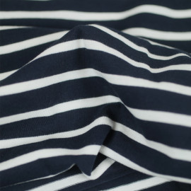 Tissu jersey de coton bio bleu à motif rayé blanc cassé