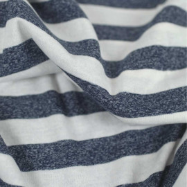 Tissu jersey de coton à motif rayé blanc cassé et bleu marine chiné