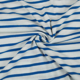 Tissu jersey de coton recyclé à motif rayé blanc cassé et bleu roi