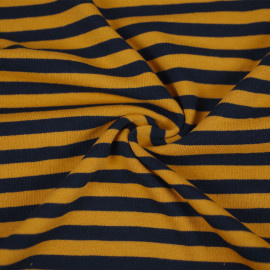 Tissu jersey maille tricoté à motif rayé bleu marine et jaune moutarde