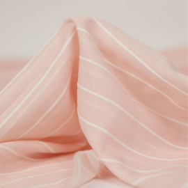 Tissu voile de coton rose corail à rayure tissées blanc