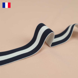 35 mm - Ruban élastique plat tricoté blanc à rayures marine