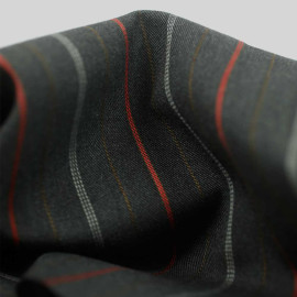 Tissu flanelle de laine sergé gris foncé à motif tissé à rayure orange et marron glacé