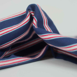 Tissu jersey maille tricoté ( ou bord-côte ) à motif rayé bleu, rouge et blanc