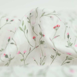 Tissu poly-coton froissé blanc à motif garden party